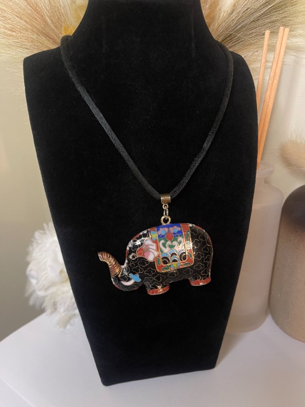 Vintage Double Sided Cloisonné Elephant Pendant Necklace Black Floral Design